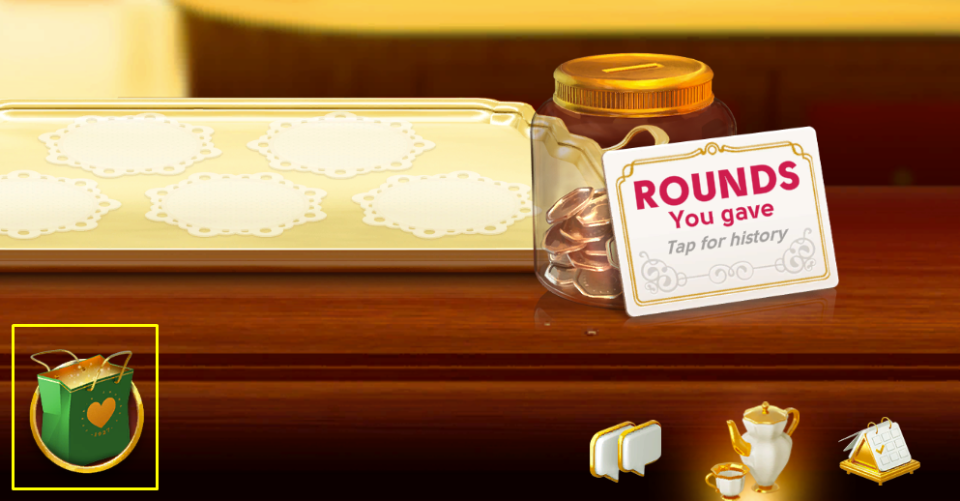 Image of the Café screen with the Tip Shop (shopping bag) in the bottom left corner highlighted.