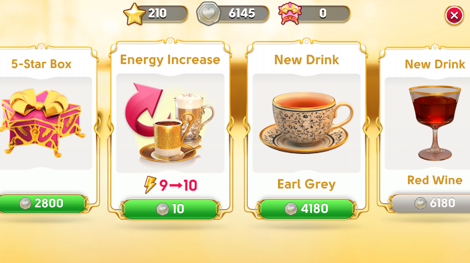 Image of the the Tip Shop, where the 5-Star Box, the Energy Increase, the Earl Grey, and the Red Wine upgrades are visible.